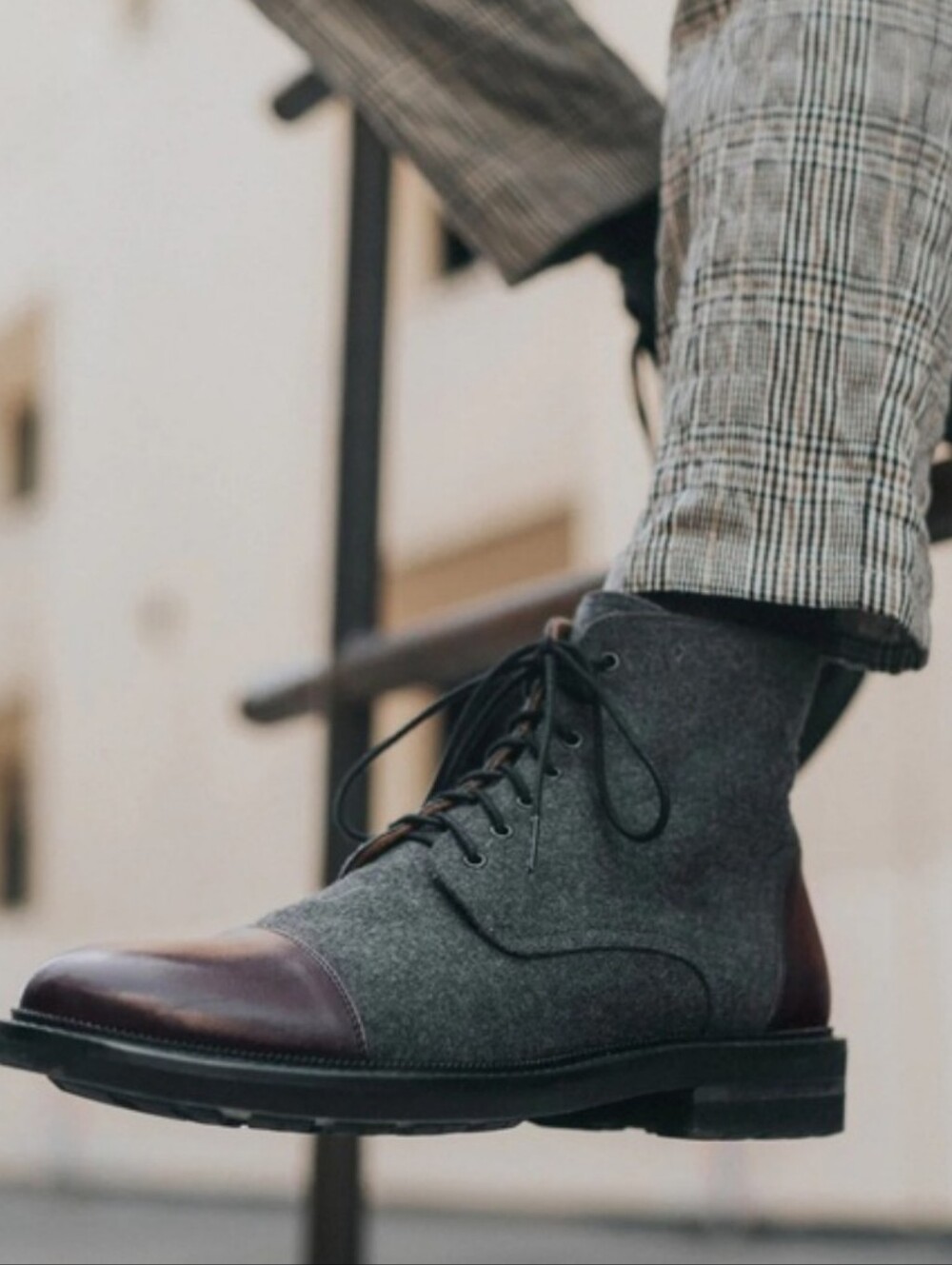 Taft Men's Gray Wool Lace-Up Cap-Toe Boots with Brown Leather Toe_44